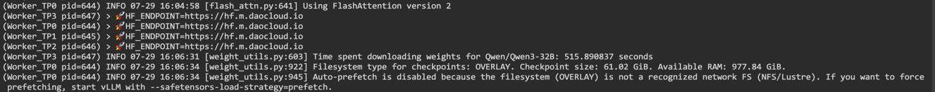 vLLM weight-download log for the Hugging Face direct run