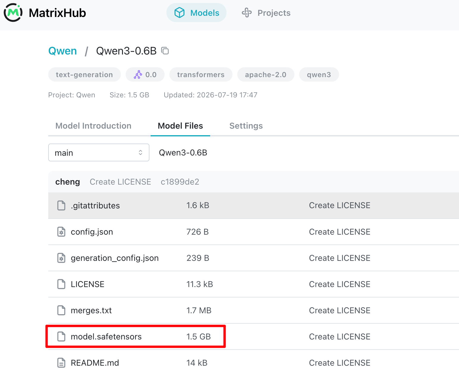 Qwen3-0.6B files in MatrixHub