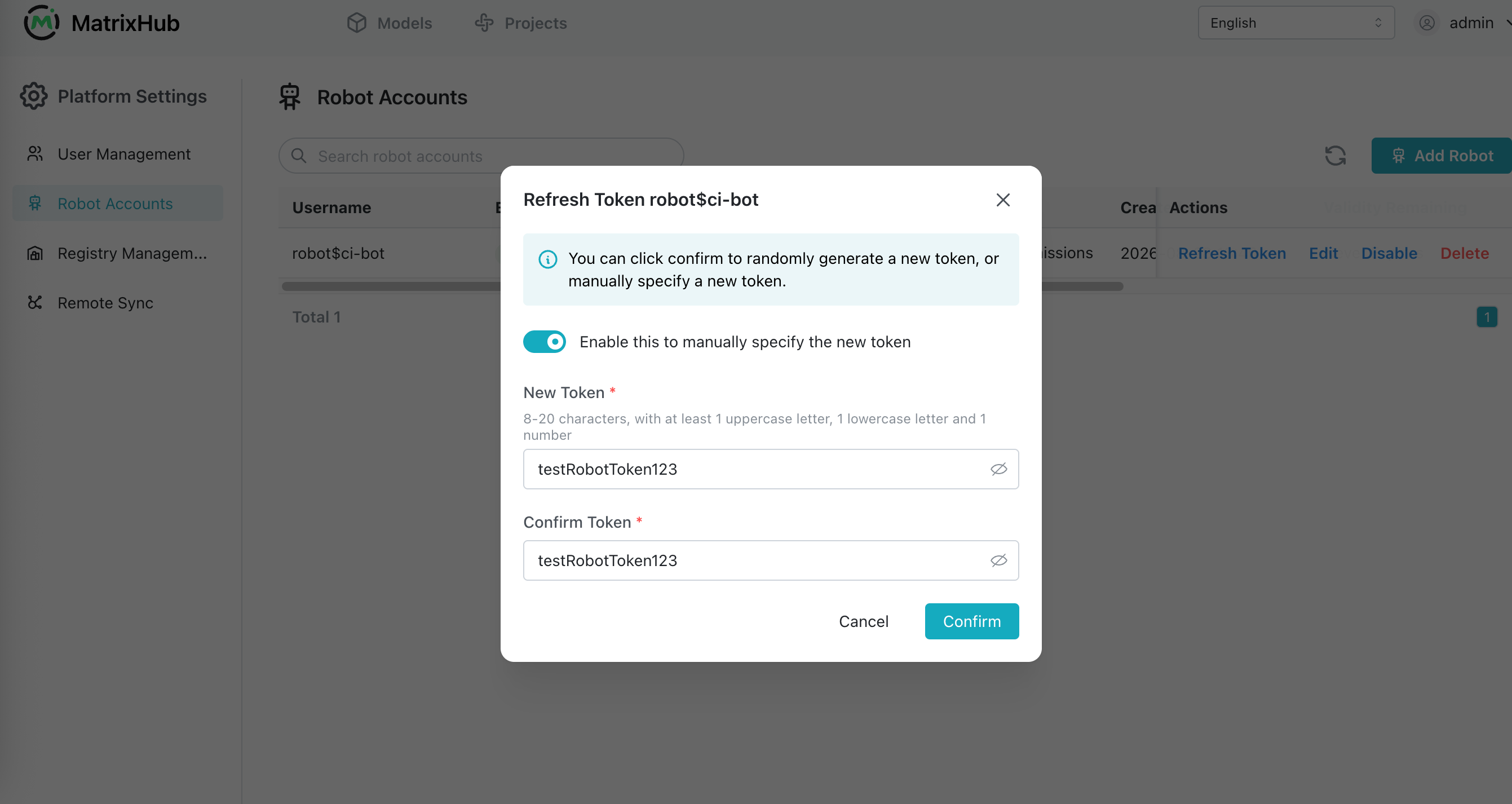 Refresh a robot account token