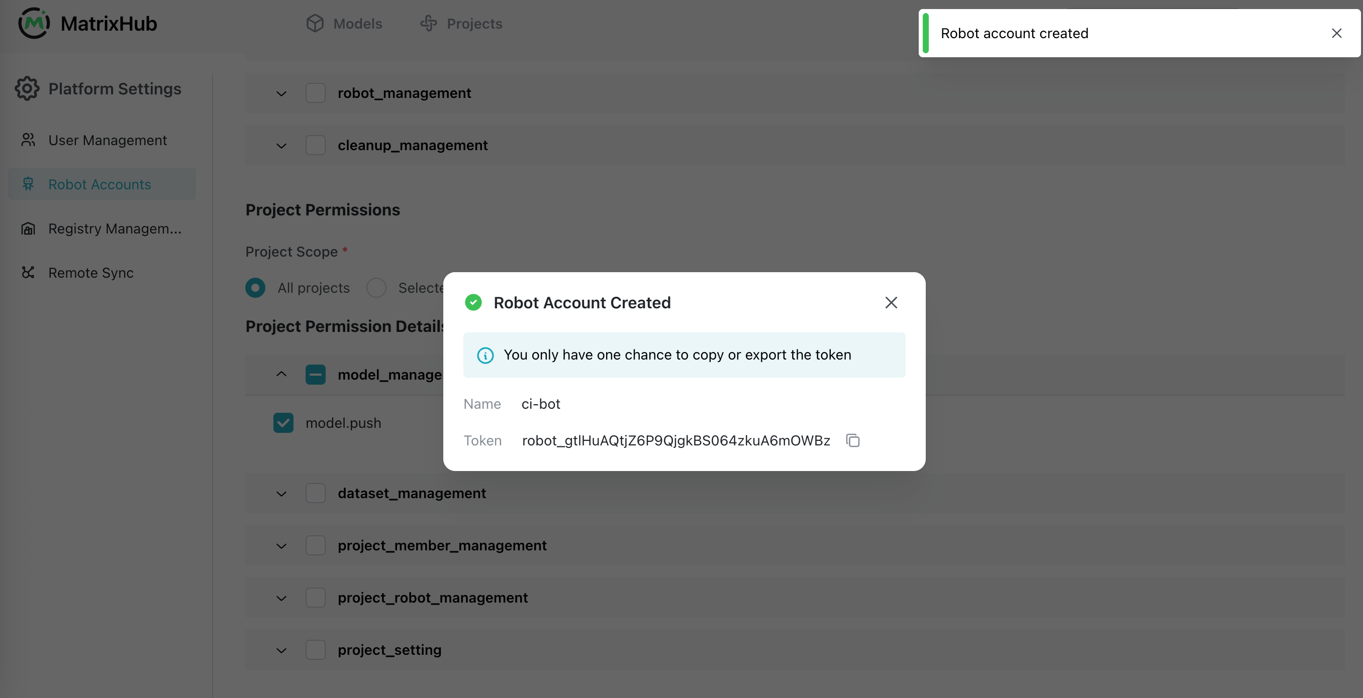 Robot account token